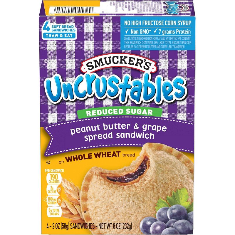 Smucker's Uncrustables Reduced Sugar Whole Grain Peanut Butter & Grape Spread Sandwiches on Whole Wheat - No High Fructose Corn Syrup, Non GMO- 6 grams of protein (5% DV) in each Uncrustables  8oz/4ct