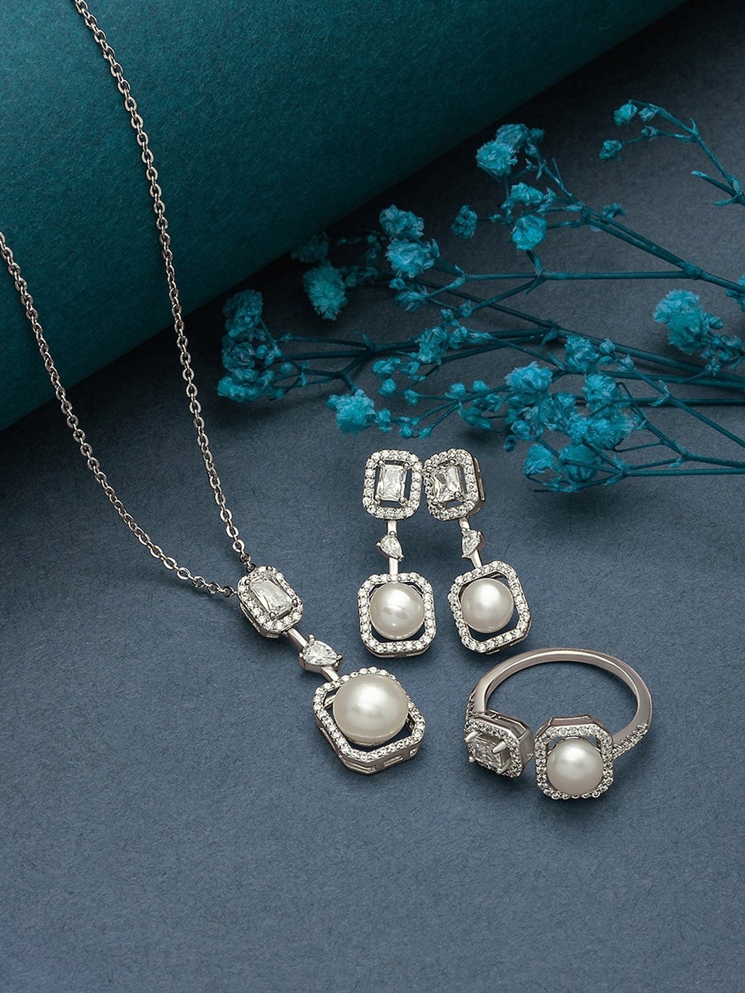 Silberry 92.5 Sterling Silver Precious Pearl Set