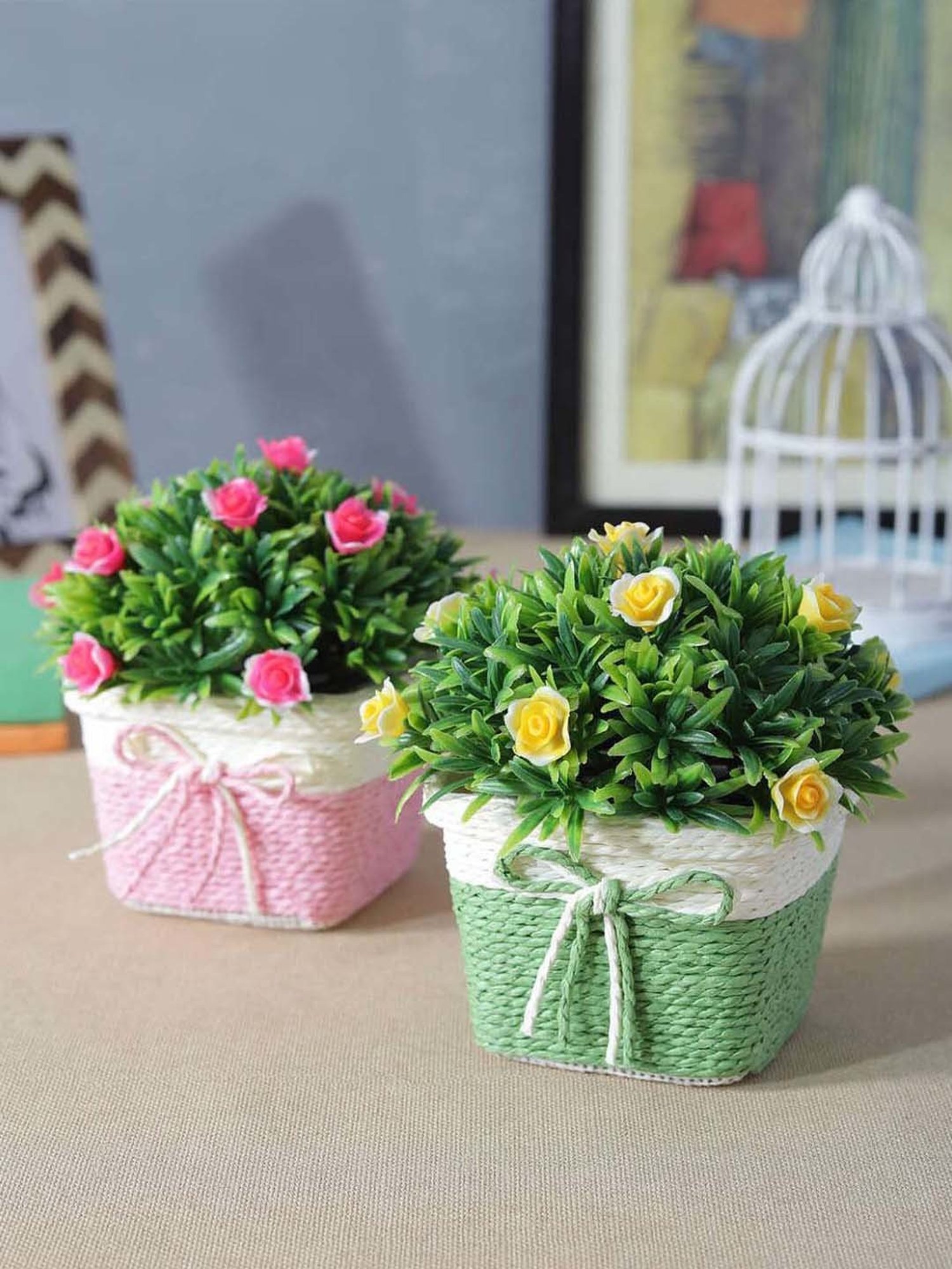 Foliyaj Multicolor Plastic Artificial Flower Plant With Pot - Set of 2
