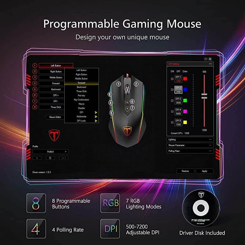 Gaming Mouse Wired, 8 Programmable Buttons, Chroma RGB Backlit, 7200 DPI Adjustable, Comfortable Grip Ergonomic Optical PC Computer Gaming Mice with Fire Button, Black (Upgraded Version)