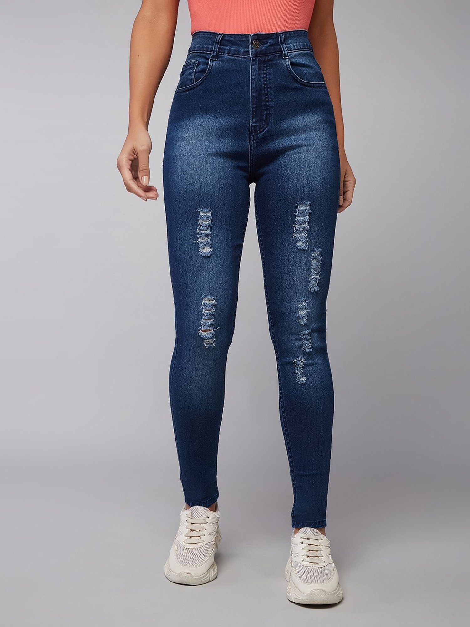 DOLCE CRUDO Blue Denim Distressed High Rise Jeans