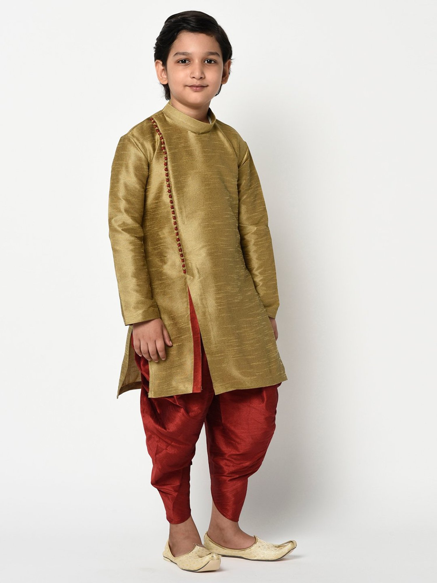 Deyann Kids Gold & Maroon Solid Full Sleeves Kurta with Dhoti