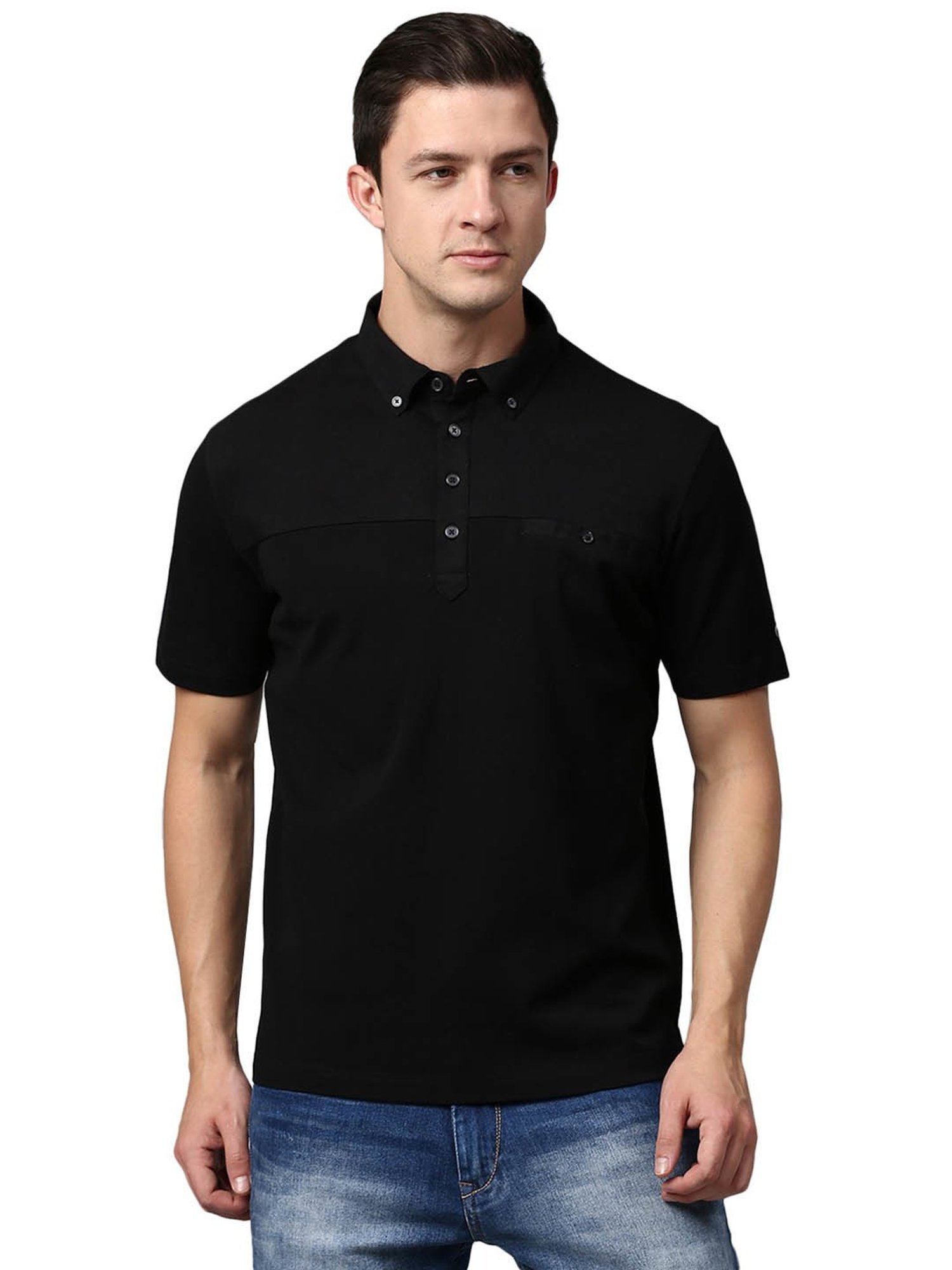 Slowave Black Cotton Regular Fit Polo T-Shirt