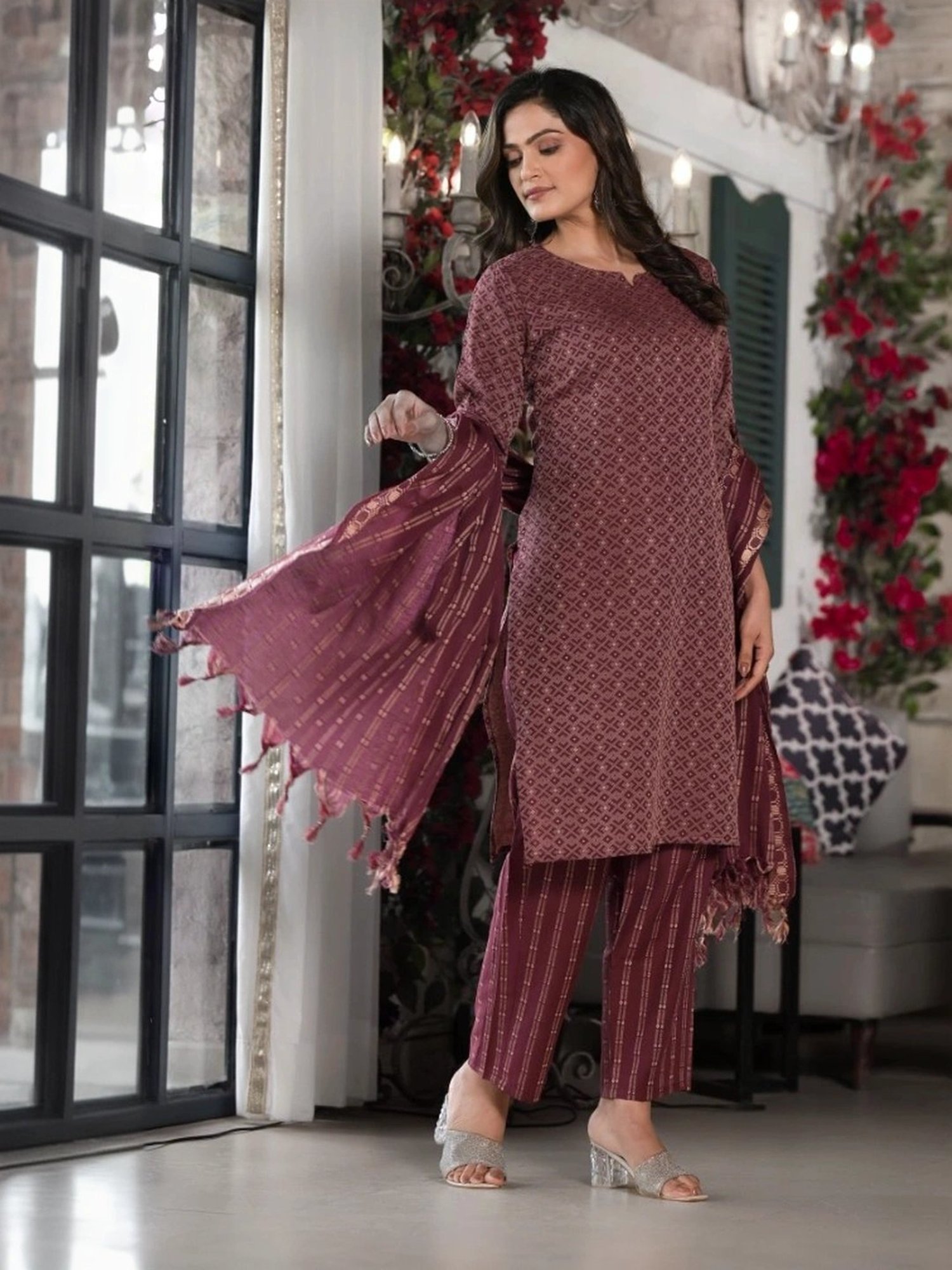 Juniper Maroon Cotton Printed Kurta Pant Set With Dupatta