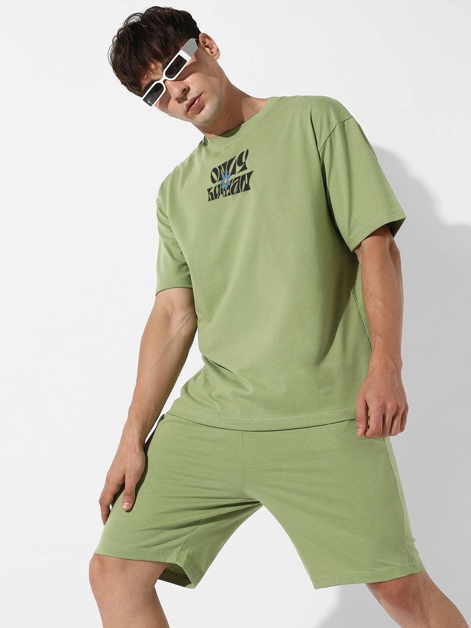Campus Sutra Green Regular Fit Oversized Only Human Printed Co-Ord Set