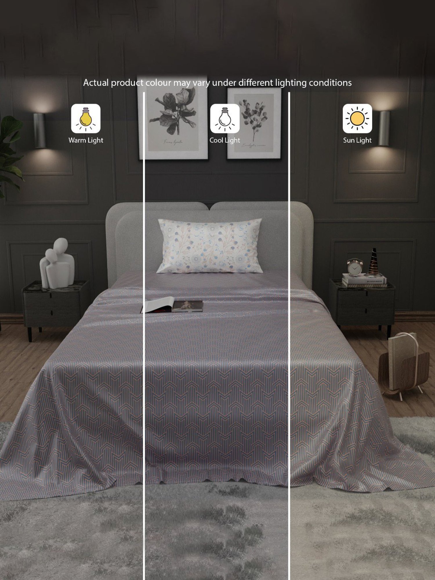 Stoa Paris Elegance Grey Polyester 300 TC Sateen Single Size Bed Sheet With 1 Pillow Cover