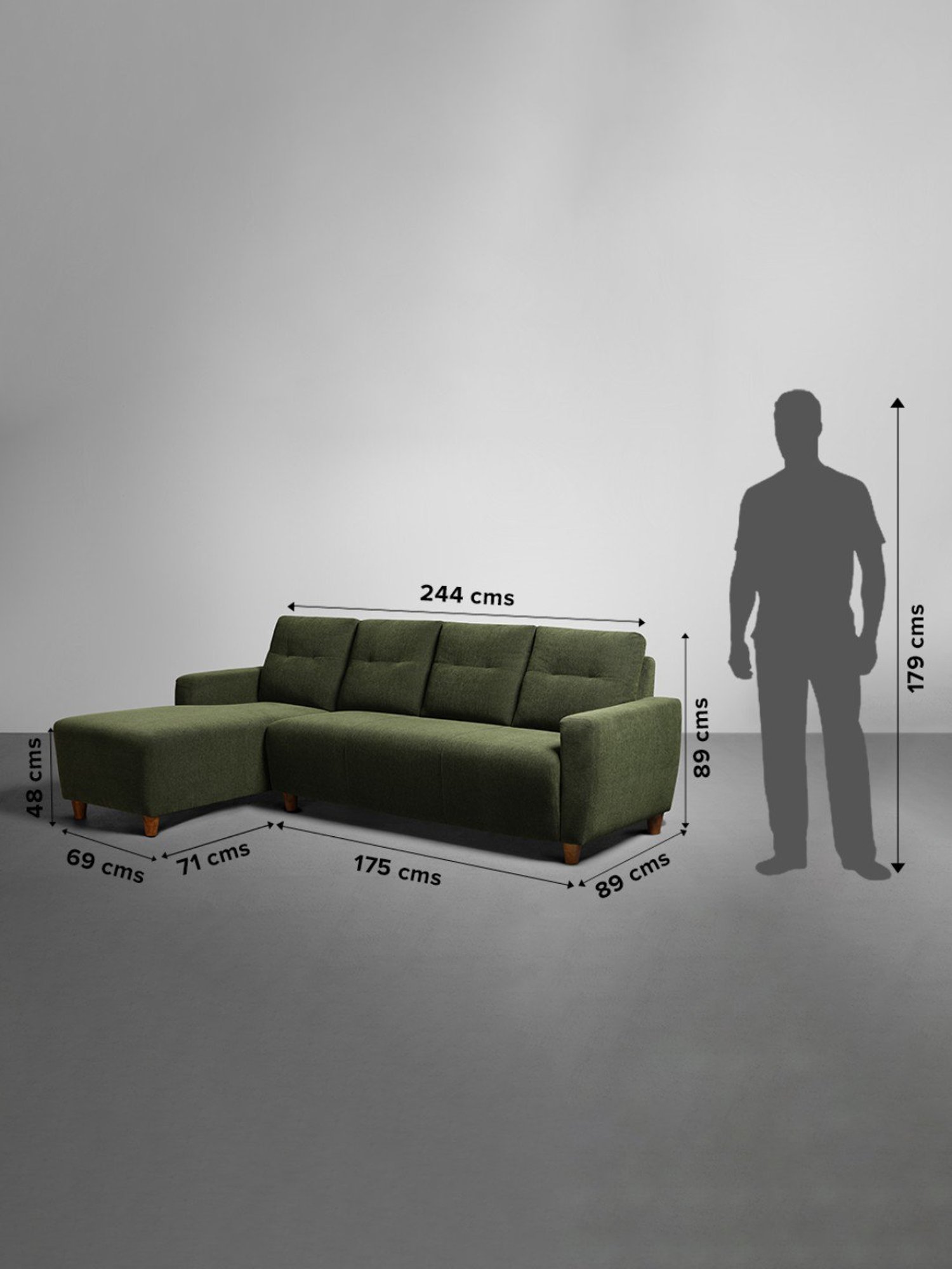 Sleepyhead Yolo Avocado Green Fabric 3 Seater LHS L Shape Sofa Set