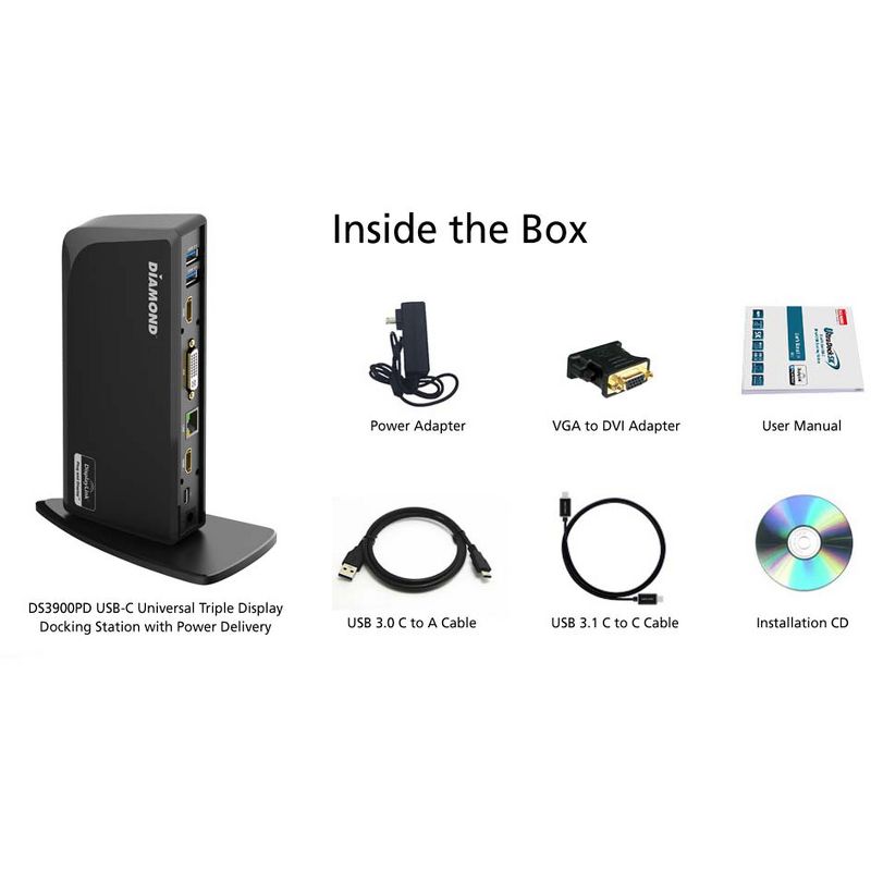 DIAMOND DS3900PD Docking Station - for Notebook/Desktop PC - 65 W - USB Type C - 7 x USB Ports - 4 x USB 3.0 - Network (RJ-45) - HDMI - DVI