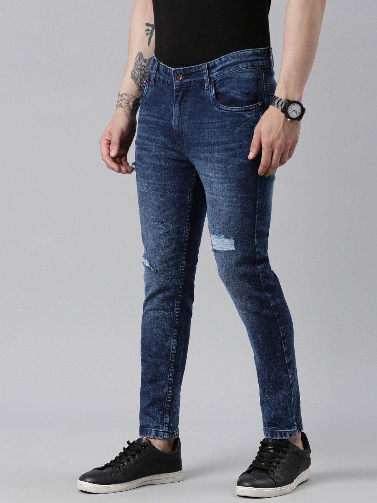 CINOCCI Denim Blue Cotton Slim Fit Distressed Jeans