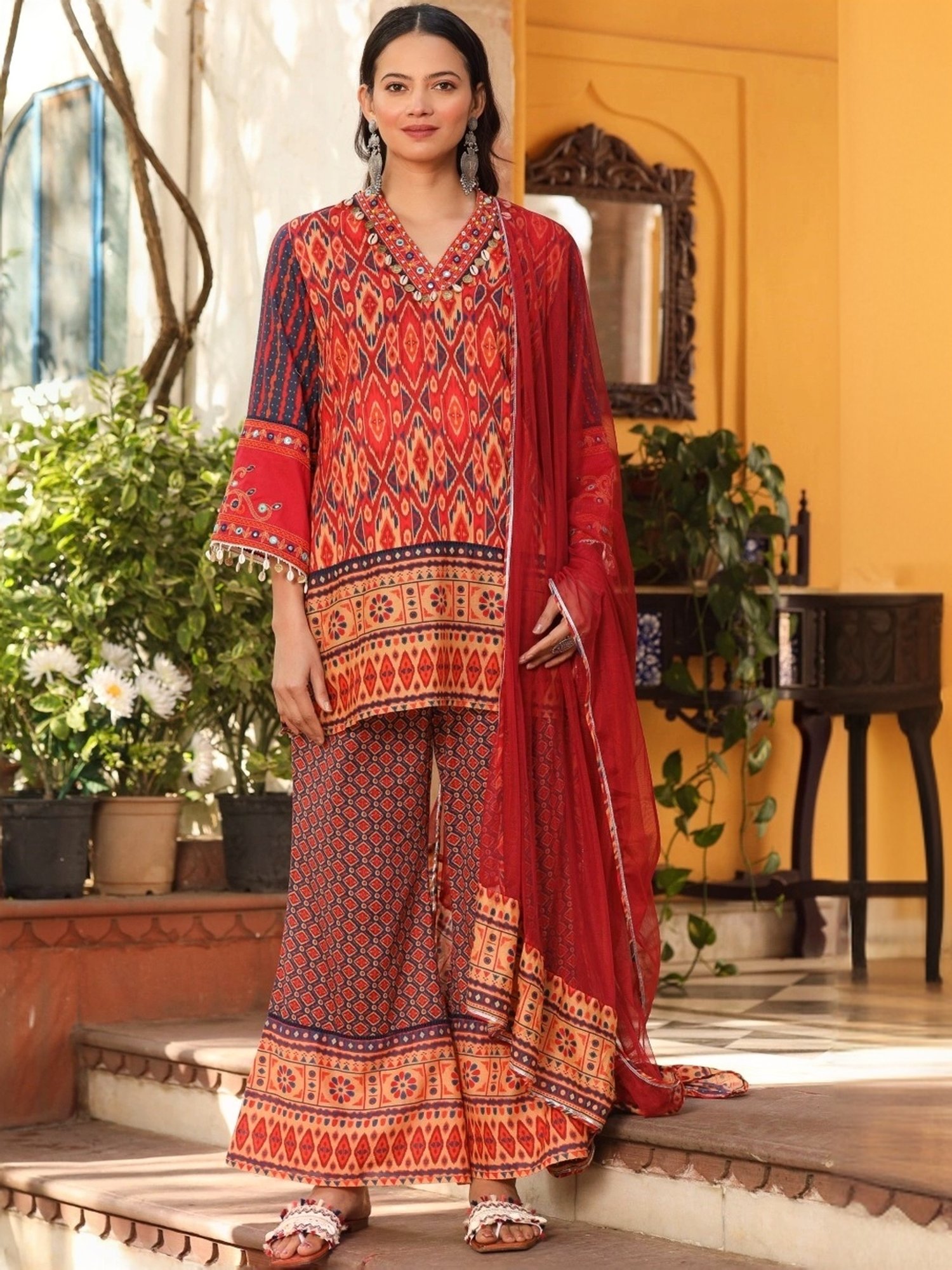 Juniper Red Cotton Printed Kurti Flared Pant Set With Dupatta