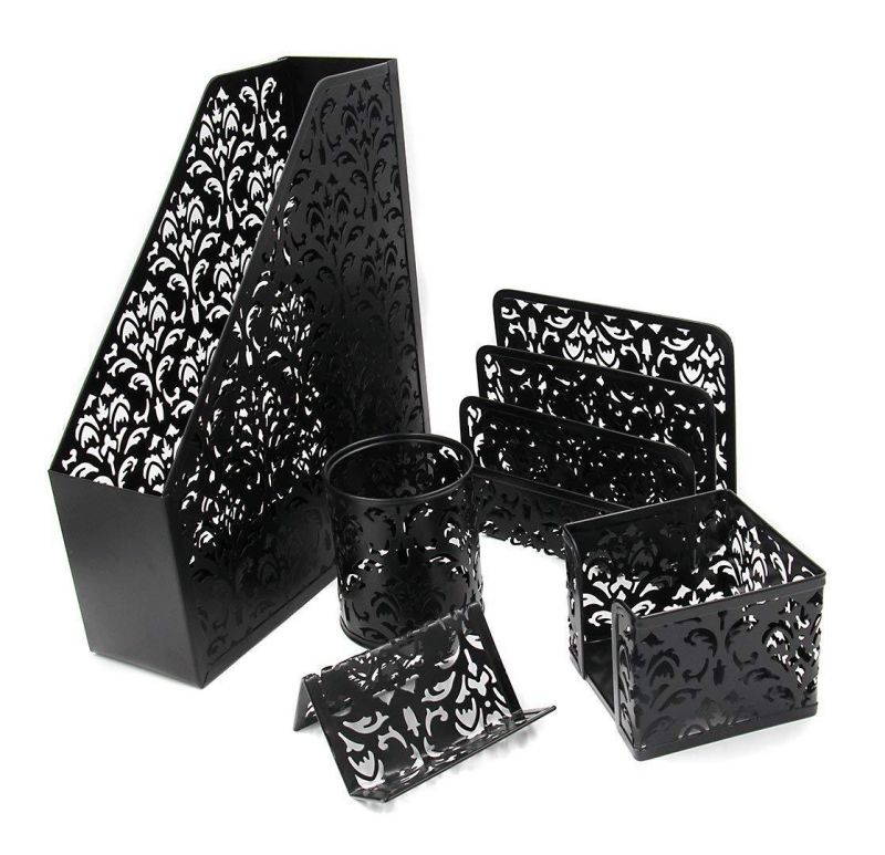 EasyPAG 5 in 1 Desk Organizer Set Hollow Flower Pattern Design- File Holder,Letter Sorter, Pen Holder,Business Card Holder and Stick Note Holder -Black