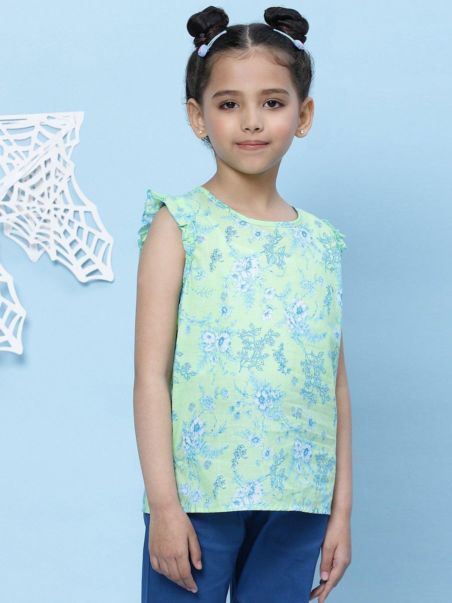 BIBA Girls Apple Green Cotton Floral Print Top