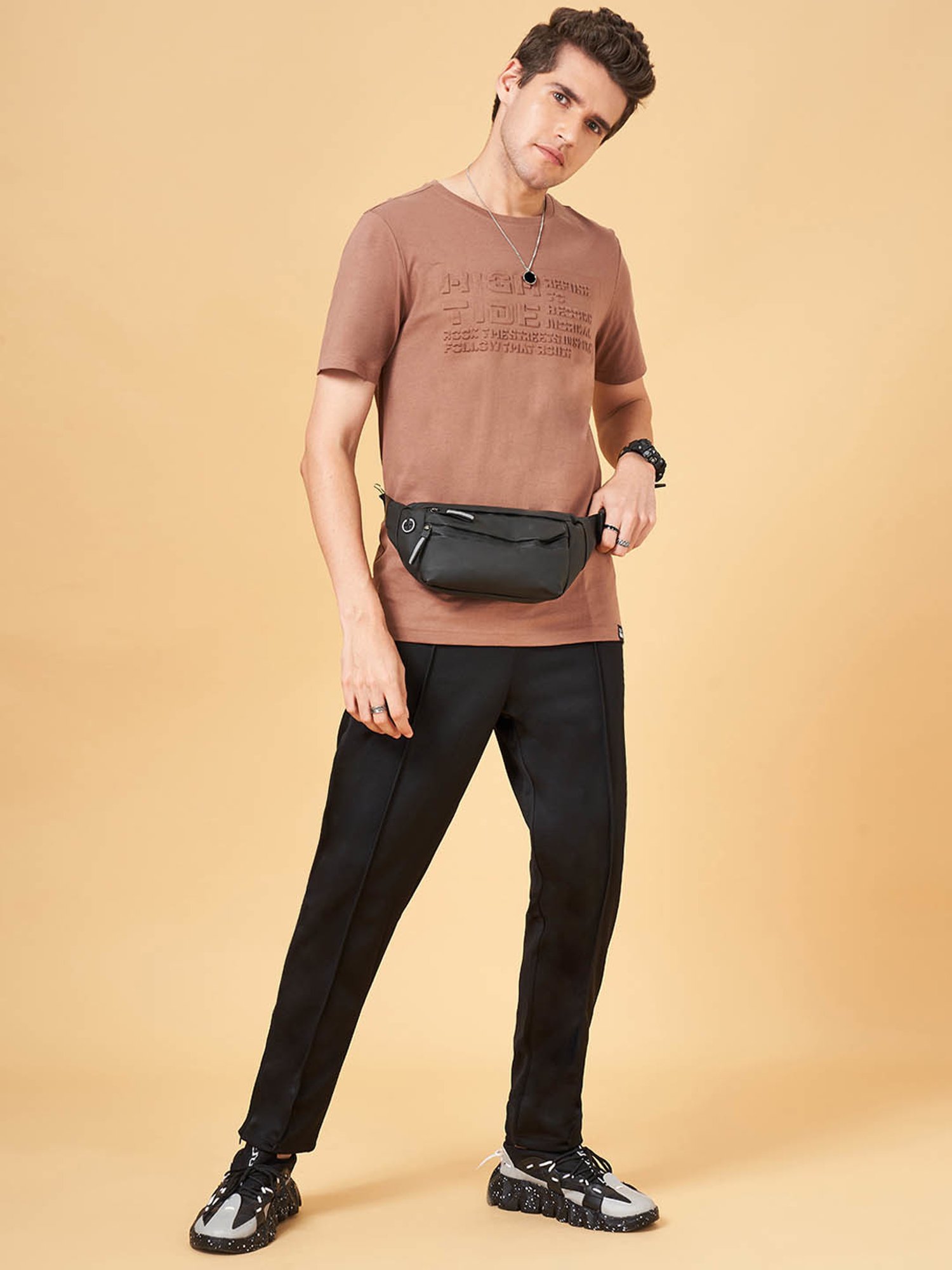 Street 808 by Pantaloons Light Brown Cotton Regular Fit Printed T-Shirt