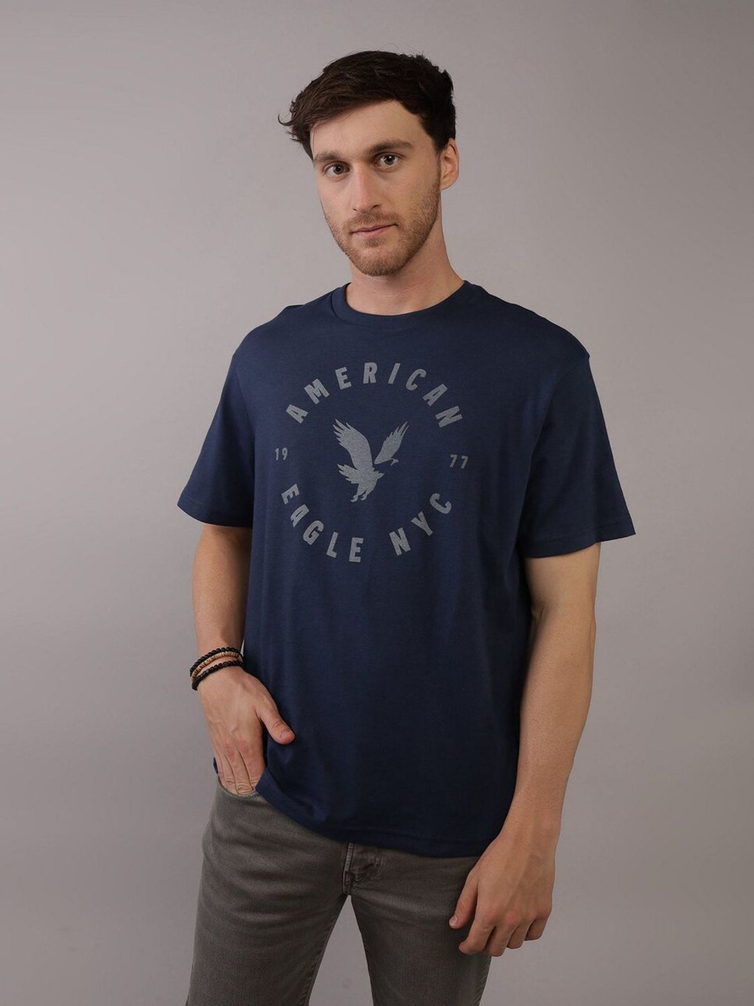 American Eagle Navy Regular Fit Printed T-Shirt
