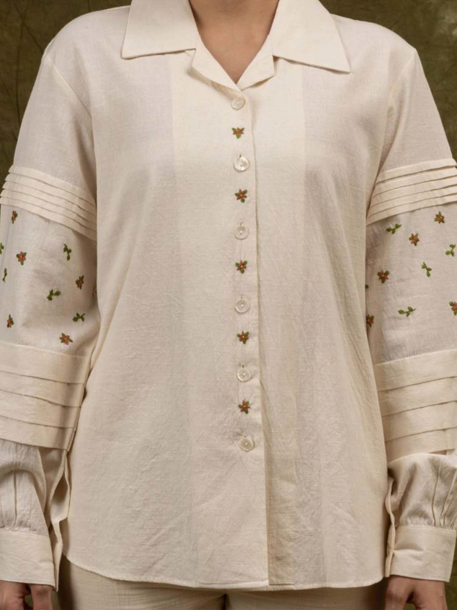 Mushio Off White Carla Floral Hand Embroidered Shirt