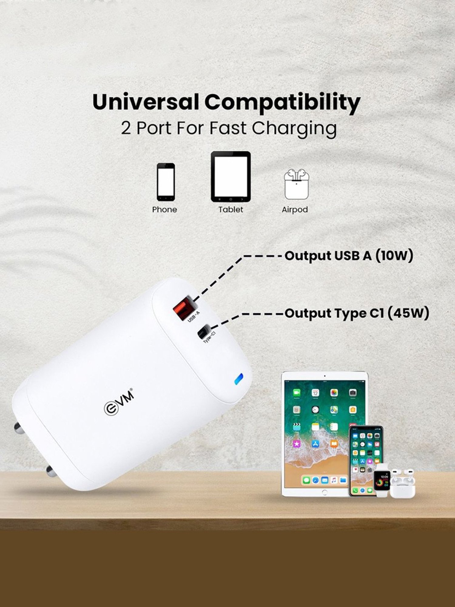 EVM Enrush 45W Gan Charger with BIS Certified, Type C Input, USB A & Type C Output (White)