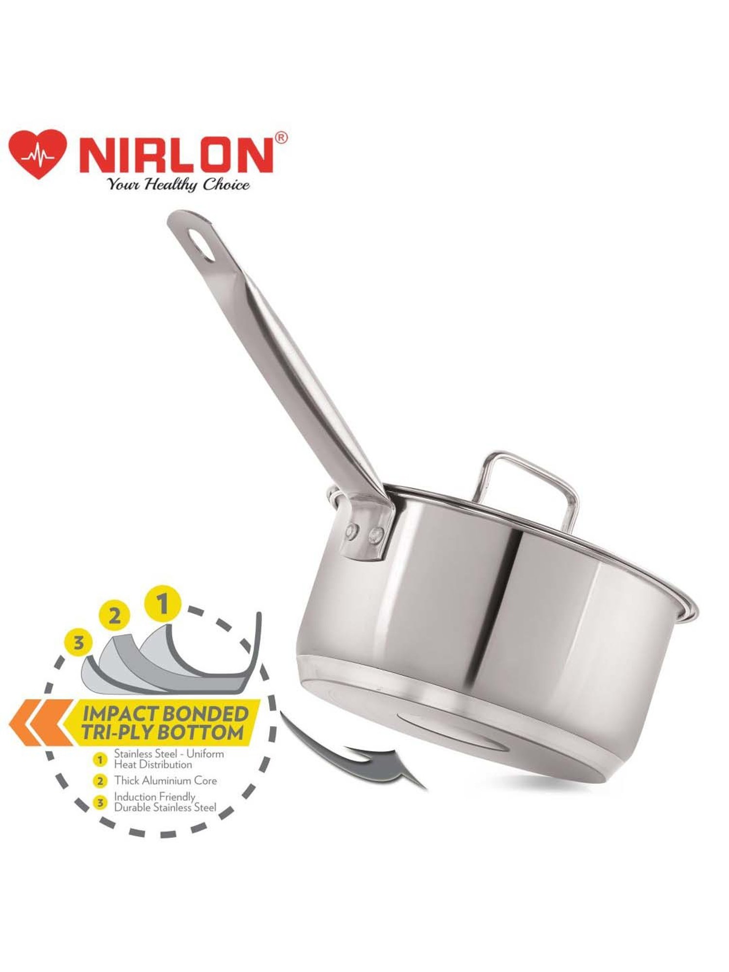 Nirlon Deluxe Silver Stainless Steel 14 cm Induction Tri-Ply Bottom Saucepan With Lid (1.2 L)