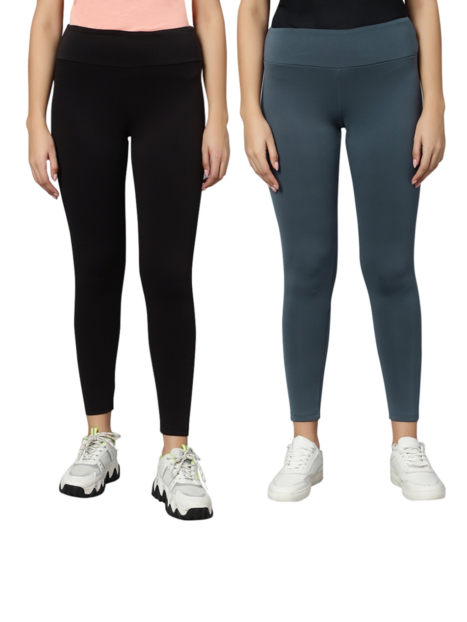 Omtex Black & Grey Mid Rise Sports Tights - Pack Of 2