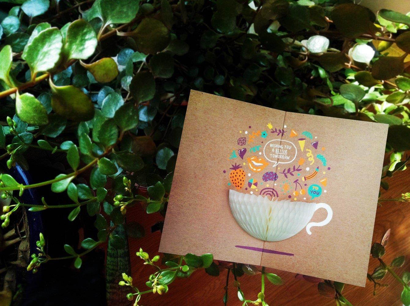 YURICOM Handmade Honeycomb Pop Up Greeting Card (Pack of 1, Teacup)