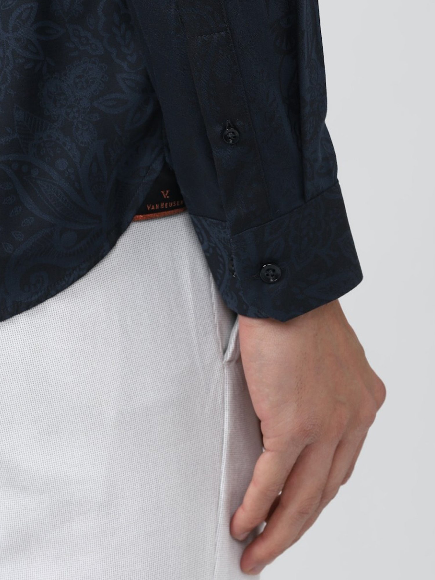 V Dot Navy Cotton Slim Fit Printed Shirt