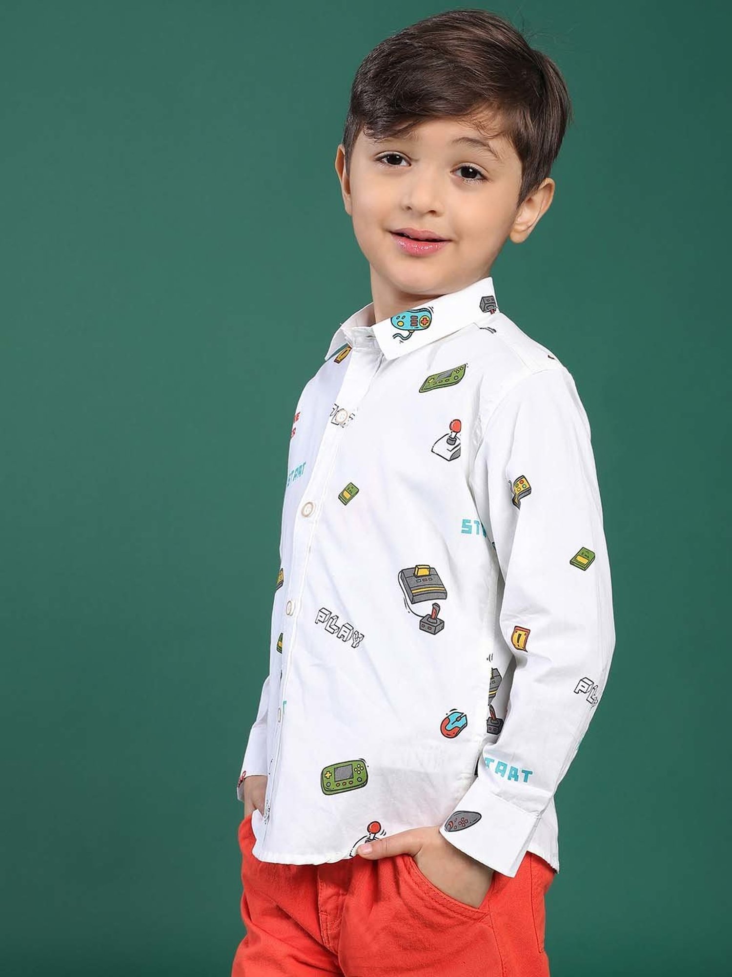 Tales & Stories Kids White Cotton Printed Full Sleeves Shirt