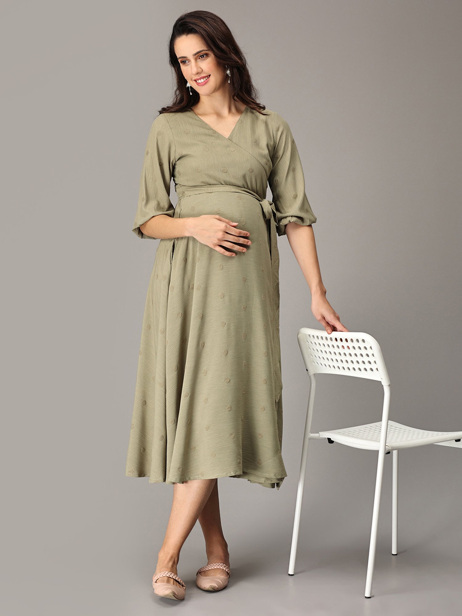 The Mom Store Olive Self Design Wrap Maternity Dress