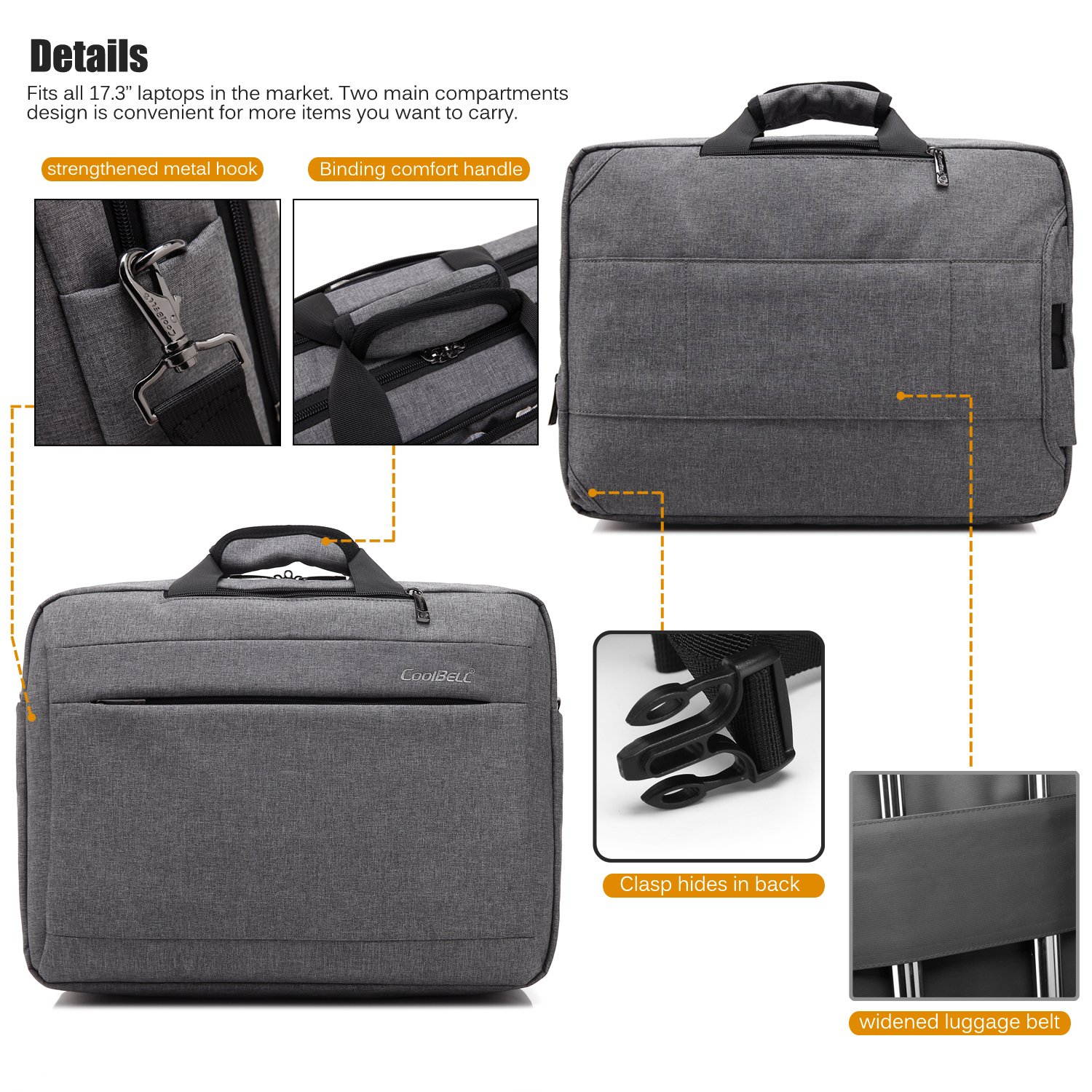 CoolBELL Convertible Backpack Messenger Bag 17.3 Inch Laptop Shoulder Bag Expendable Business Briefcase Extra Large Multi-Functional Travel Computer Bag for Men,Black