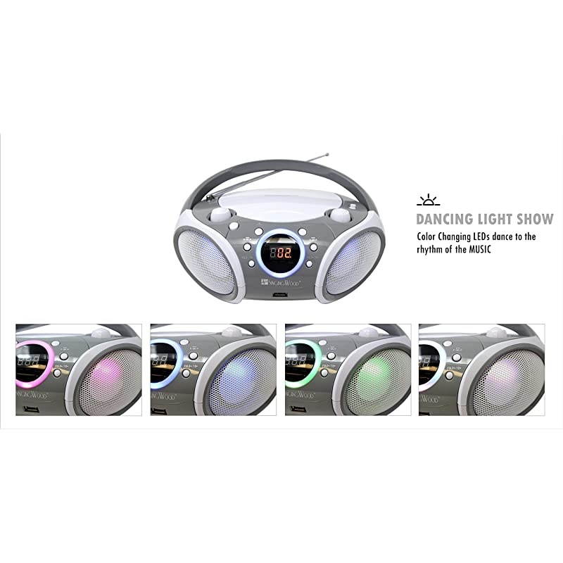 CDCDRCDRW Boombox Portablew Bluetooth USB AMFM Radio AUXInput Headset Jack Foldable Carrying Handle and LED Light Space Grey