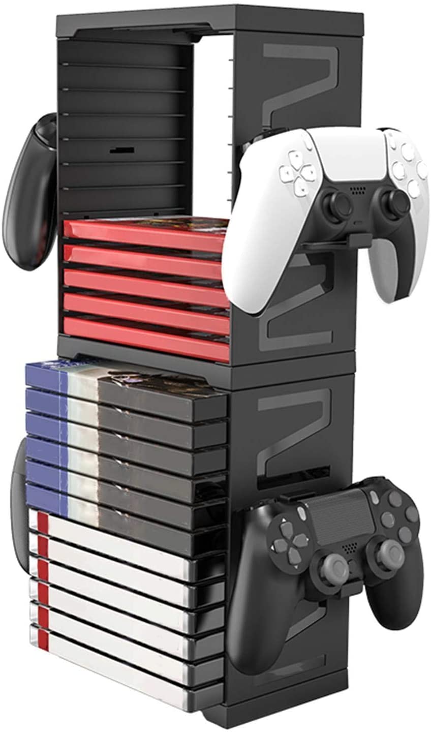 Supicity Games Storage Tower for PS5, Double-Layer Game Card Box Storage Stand for PS4 / PS5 / Xbox One / Xbox One X, Game Disk Rack Controller Organizer/Headset Stand Holder, Hold Up to 24 Disks