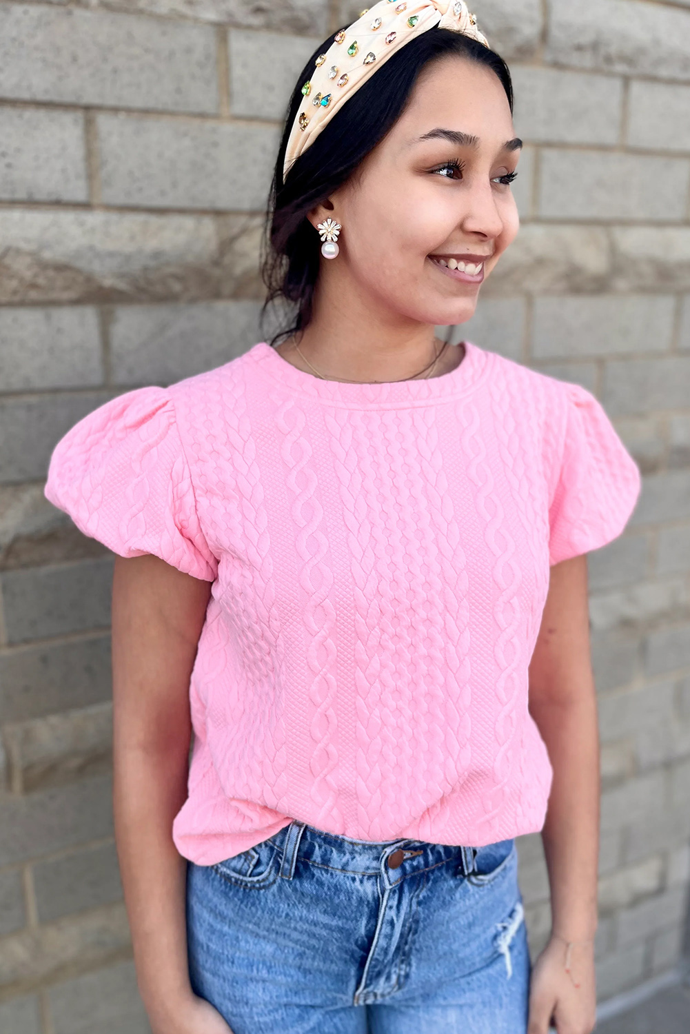 Pink Textured Puff Sleeve Round Neck T-Shirt