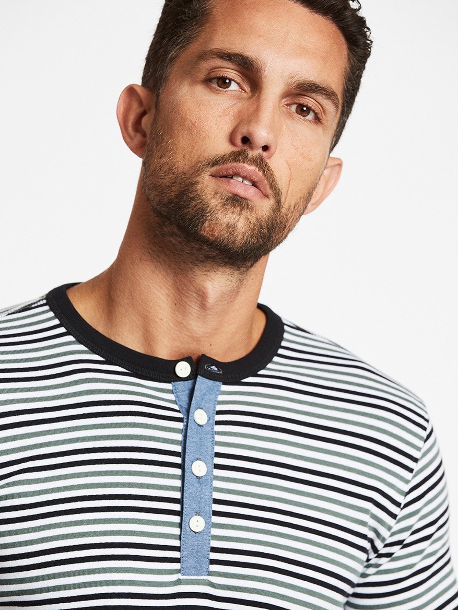 Lindbergh Green & White Striped Henley T-Shirt