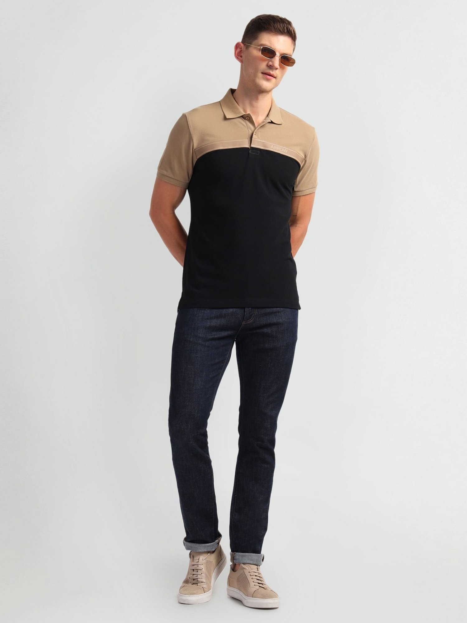 Arrow Sports Black Cotton Regular Fit Colour Block Polo T-Shirt