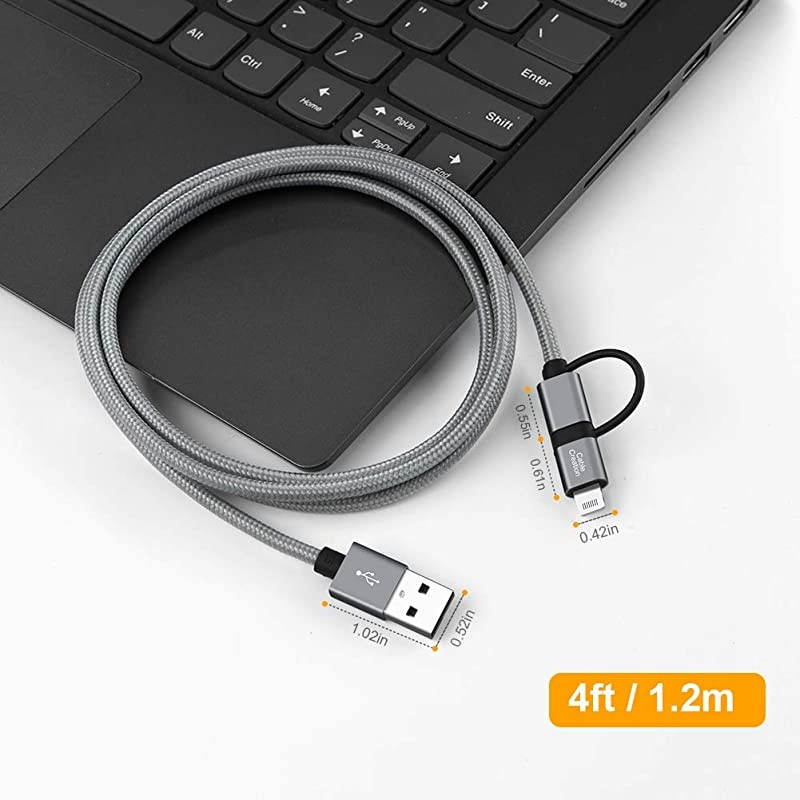 4FT 2in1 iPhone and Android Charging Cable  MFi Certified Lightning and Micro USB to USB Charge Data Cord Compatible iPhone 12 11 X 8 8 Plus7 Samsung Nexus LG HTC Gray