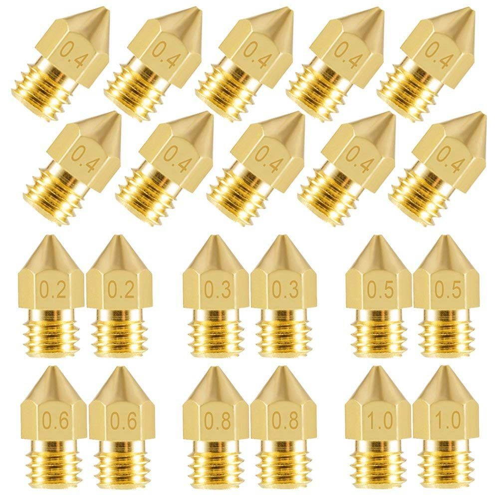 22 Pieces 3D Printer Nozzles MK8 Nozzle 0.2mm, 0.3mm, 0.4mm, 0.5mm, 0.6mm, 0.8mm, 1.0mm Extruder Print Head with Free Storage