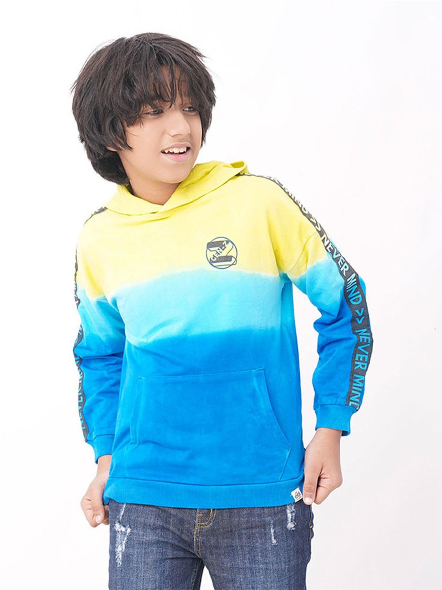Edheads Kids Yellow & Blue Cotton Color Block Full Sleeves Hoodie