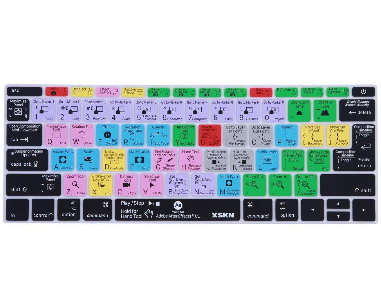 XSKN 2016 Shortcut Design Series Keyboard Skin Cover for New Macbook 12 (2015 Model A1534) and New MacBook Pro 13 (2016 Newest Version A1708, No Touch Bar), US&EU Version (After Effects)