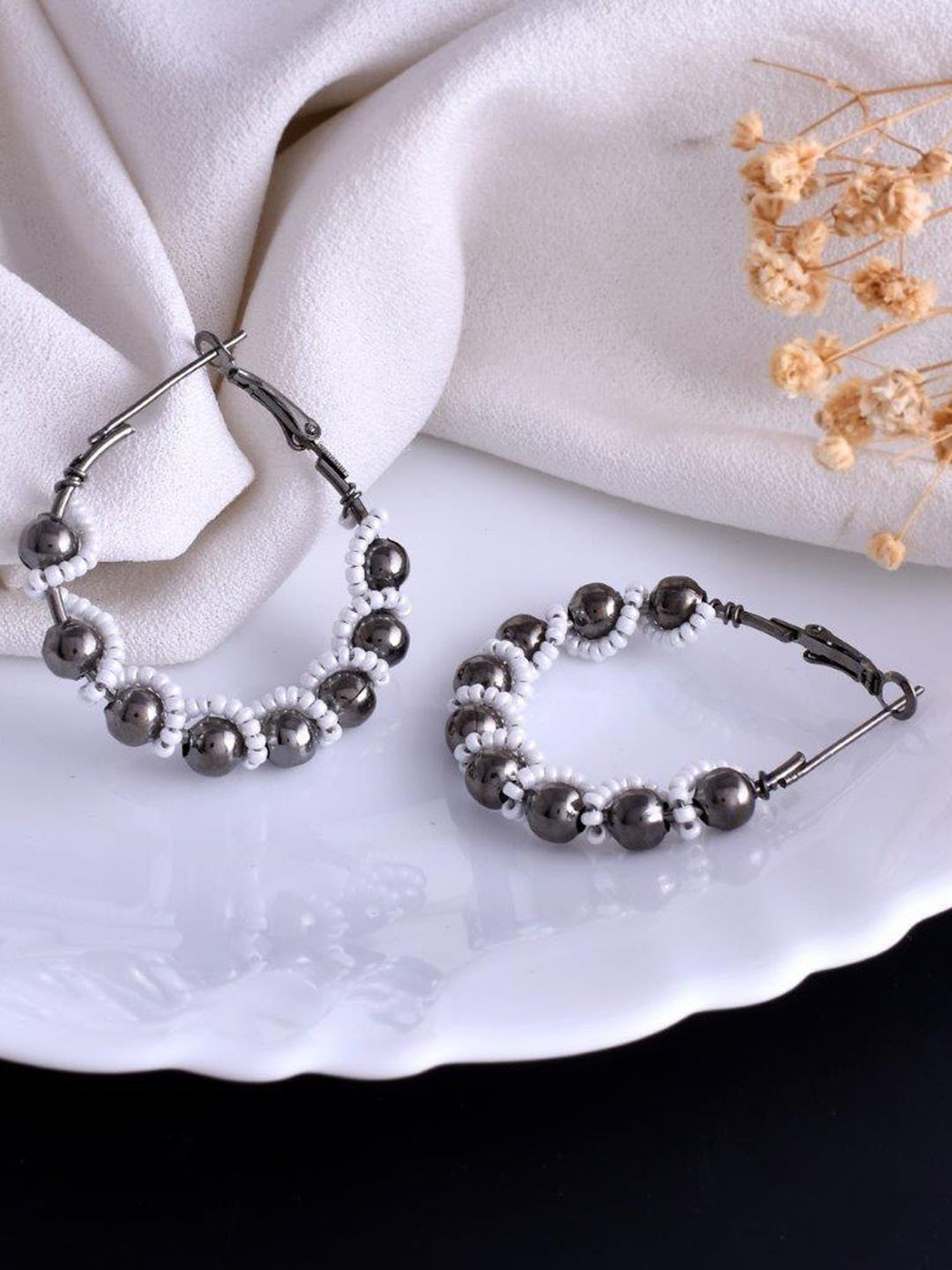 VOJ White Pearl with Silver Bead Hoop Earrings for Women