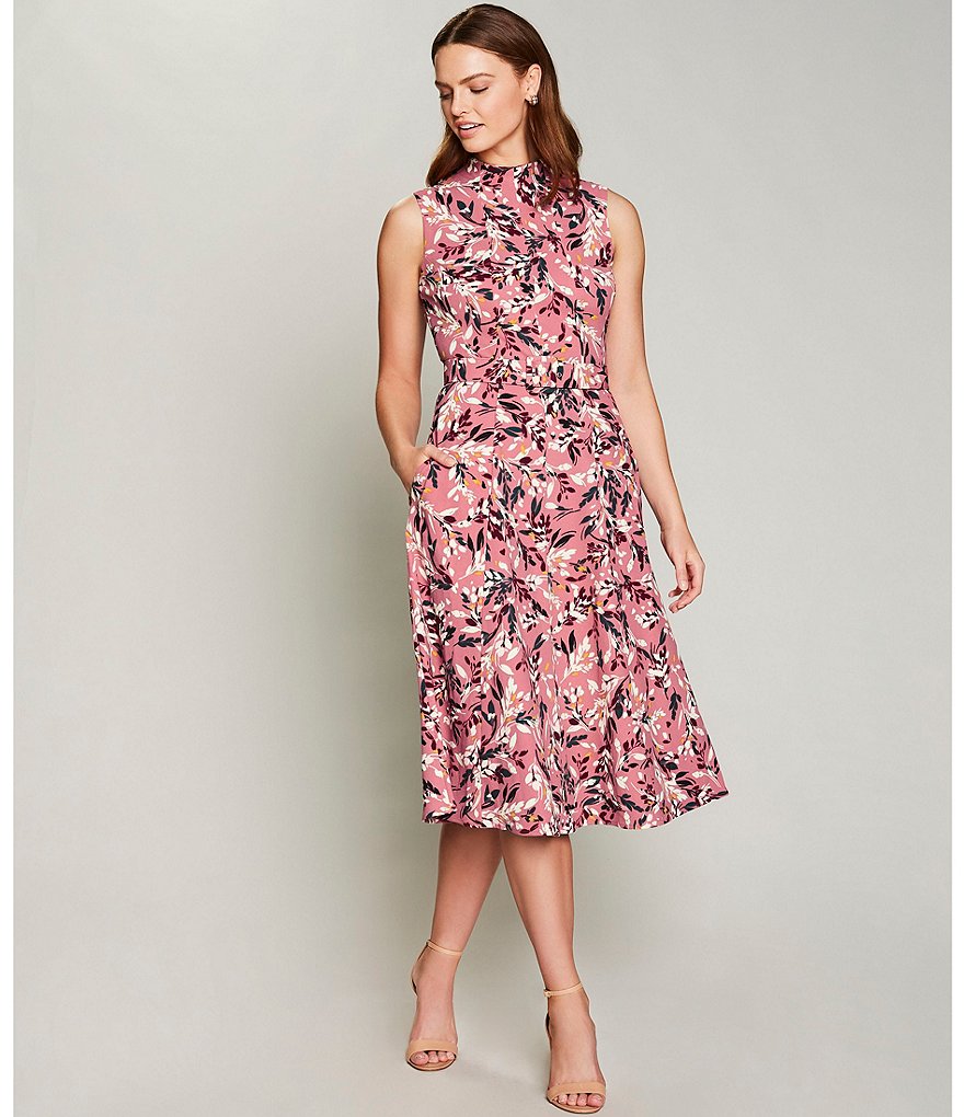 Maggy London Mock Neck Floral Print Crepe Satin Back Midi Dress