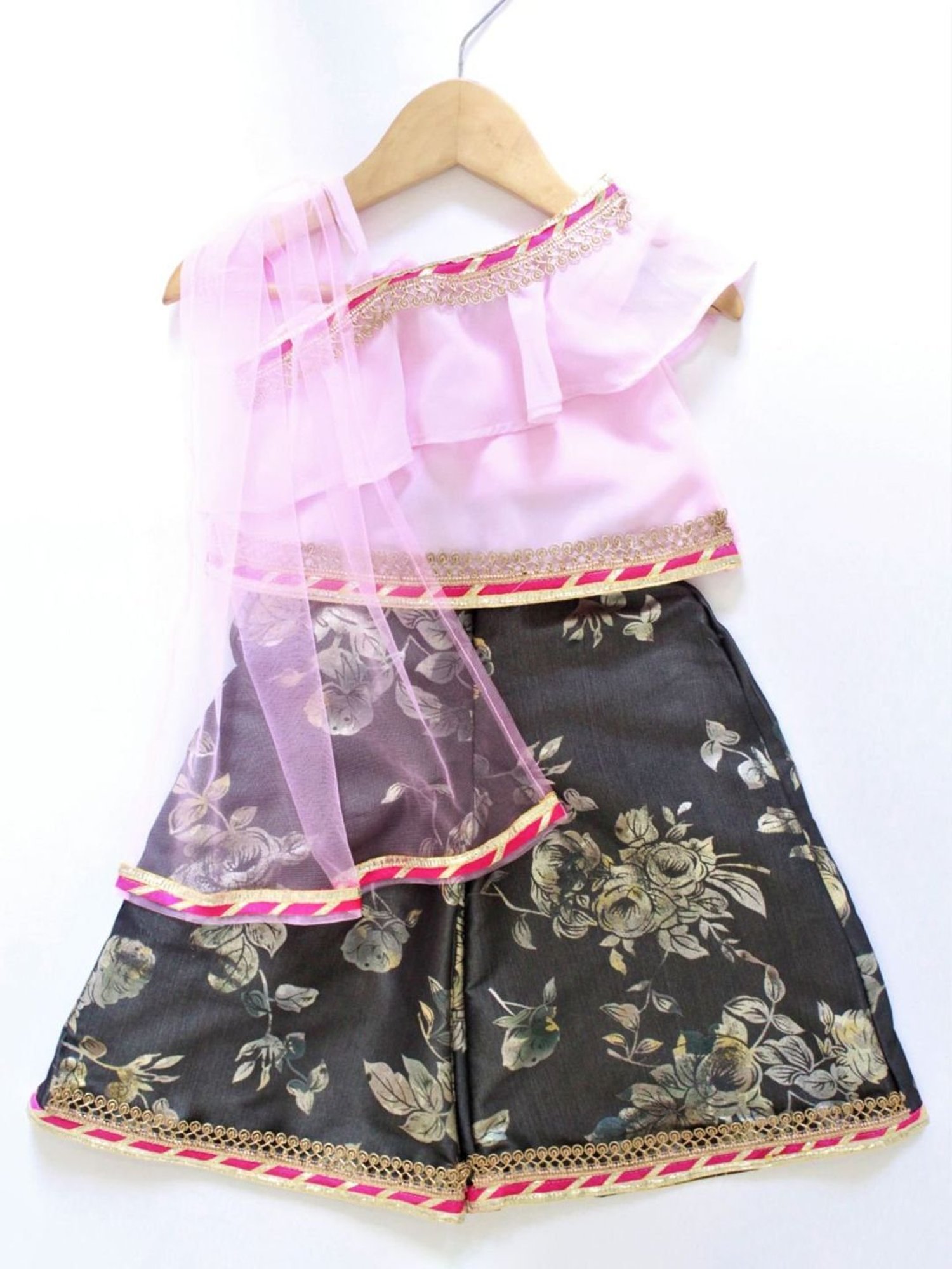 Many Frocks Kids Pink & Grey Embellished Top & Palazzo