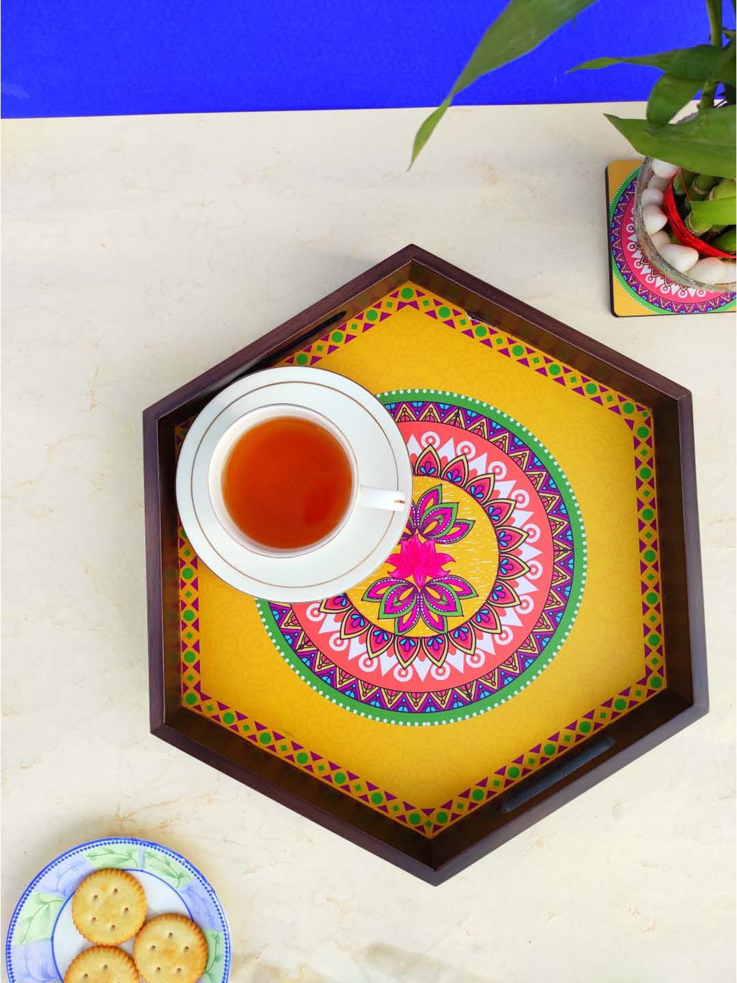 Crayton Multicolour Teak Wood Hexagon Serving Tray - Set of 1