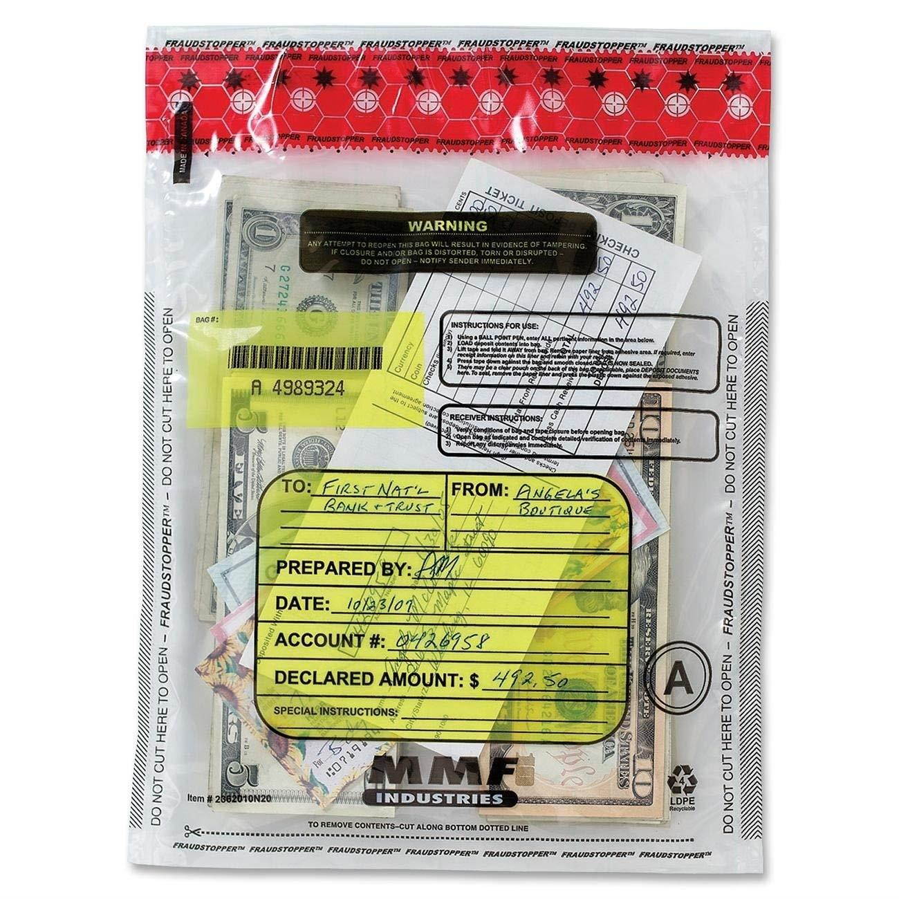 MMF Industries FraudStopper Tamper-Evident Deposit Bags, 2.5 mm, 9 x 12 Inches, 100 Bags per Box, Clear (2362010N20)