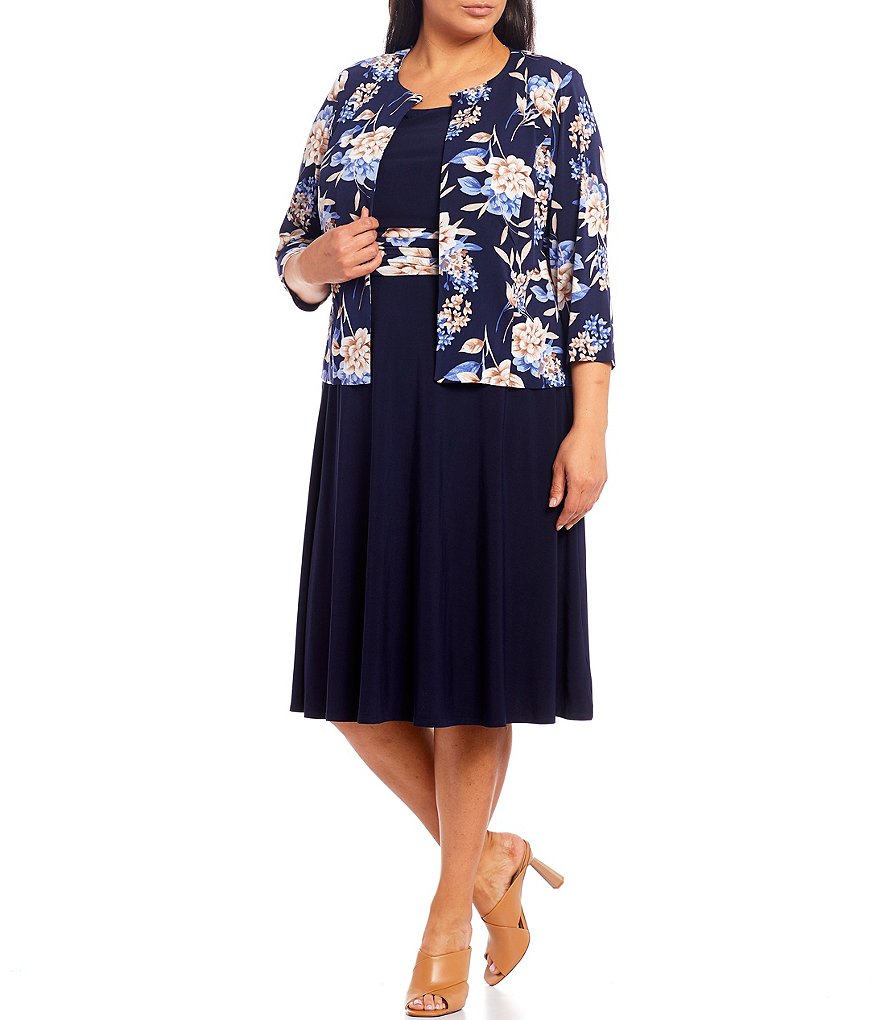 Jessica Howard Plus Size Crew Neck 3/4 Sleeve Printed Trapeze Dress