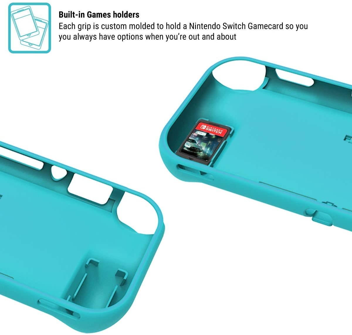 Orzly Grip Case for Nintendo Switch Lite &ndash; Case with Comfort Padded Hand Grips, Kickstand, Pack of Thumb Grips - Turquoise Blue