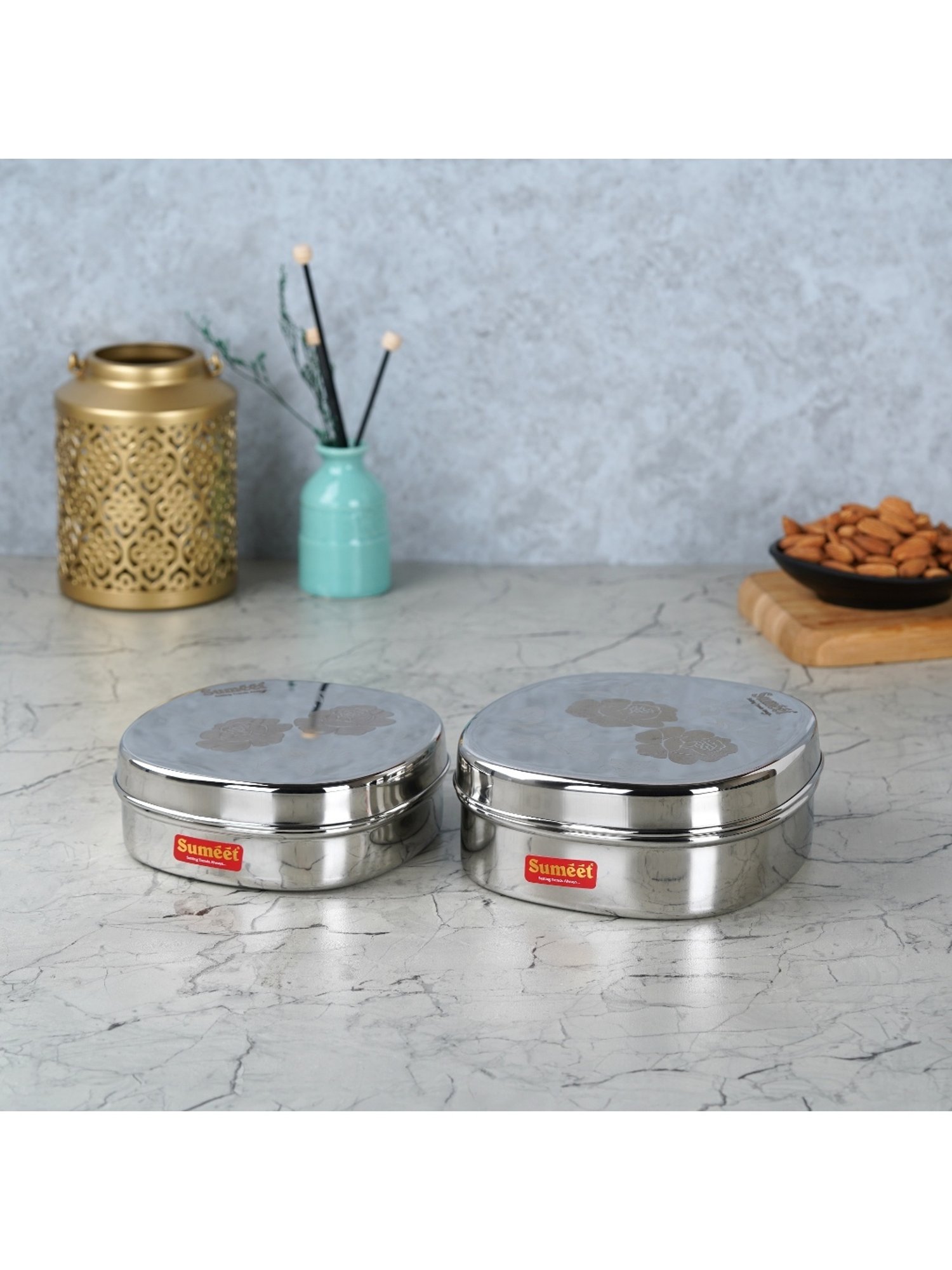 Sumeet S.S Square Storage containers box/Dabba for Kitchen,Set of 2Pc, 350ml & 600ml, 12cm & 13.5cm