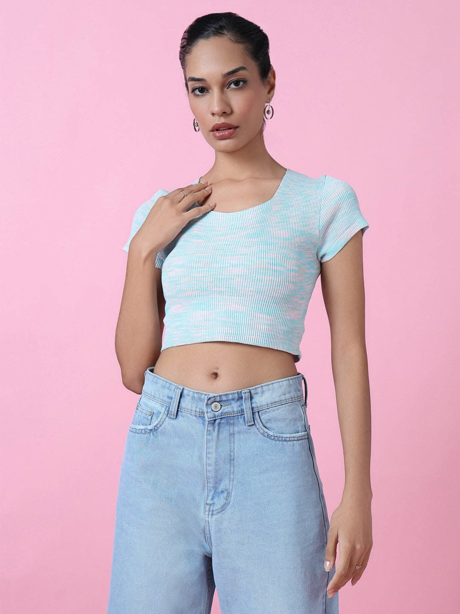SHOWOFF Blue Textured Crop Top