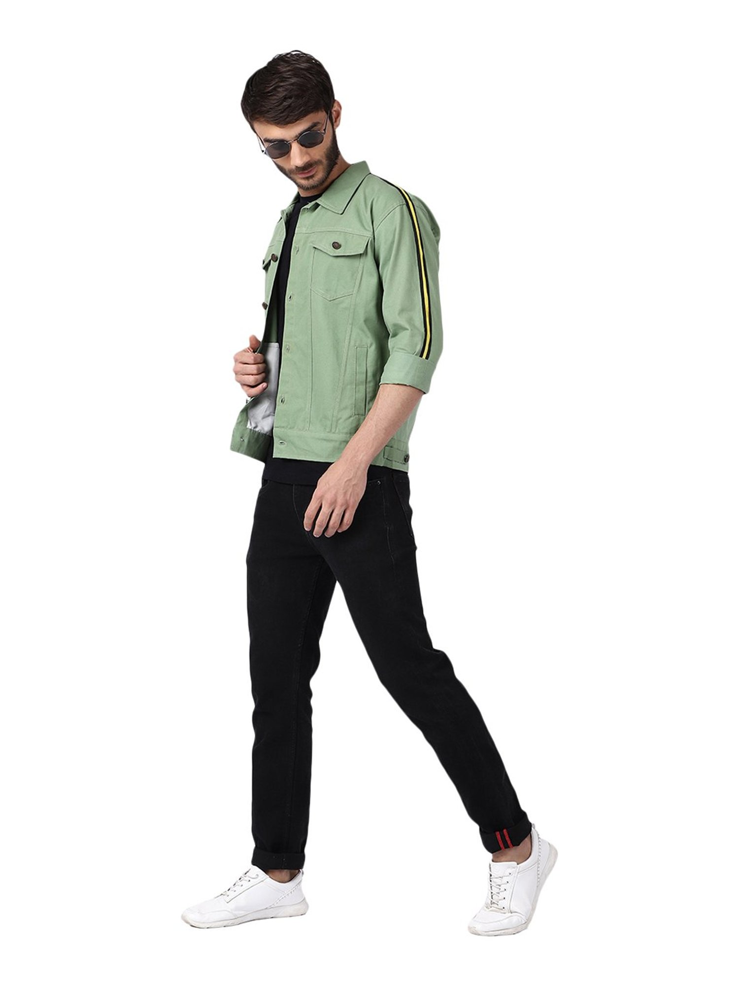 VOXATI Light Green Full Sleeves Shirt Collar Denim Jacket