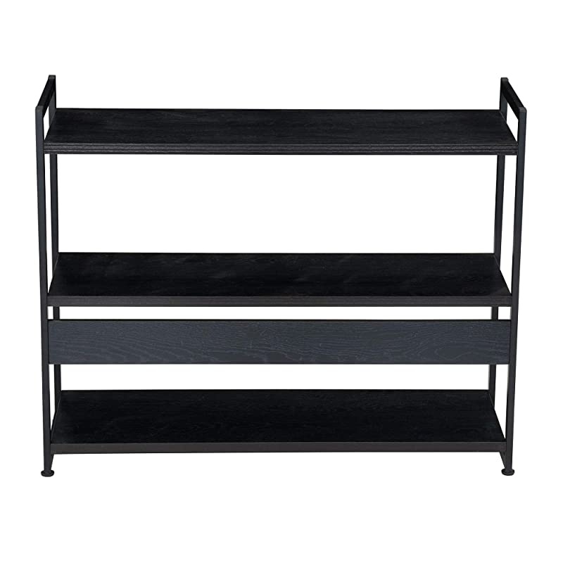 3 Tier Storage Shelf with Minimalist Metal Frame | 40.5" W x 32.5" H x 13.75" D | Black Wood Grain