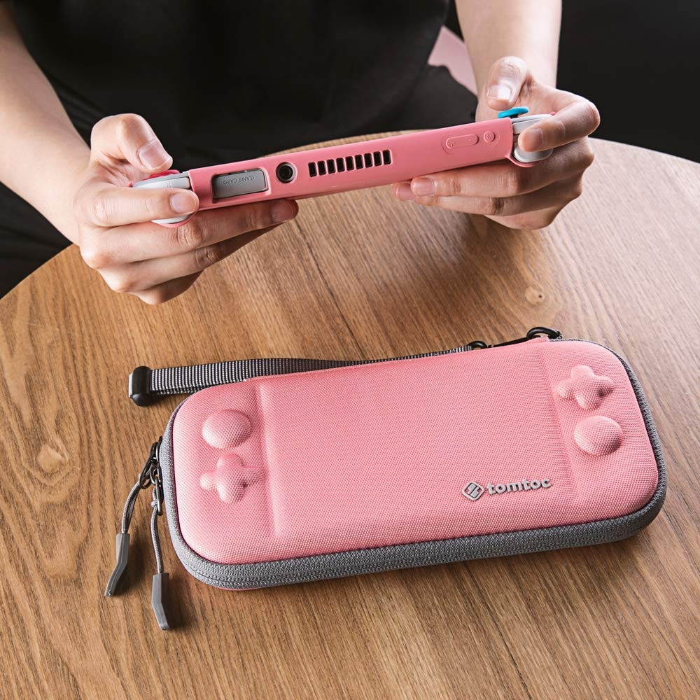 tomtoc Slim Carry Case for Nintendo Switch Lite, Protective Portable Carrying Cases with [Original Patent], Travel Storage Hard Shell with 8 Game Cartridges and Military Level Protection, Coral
