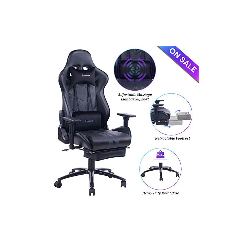 Massage Gaming Chair, High Back Racing PC Computer Desk Office Chair Swivel Ergonomic Executive Leather Chair with Footrest and Adjustable Armrests, Black