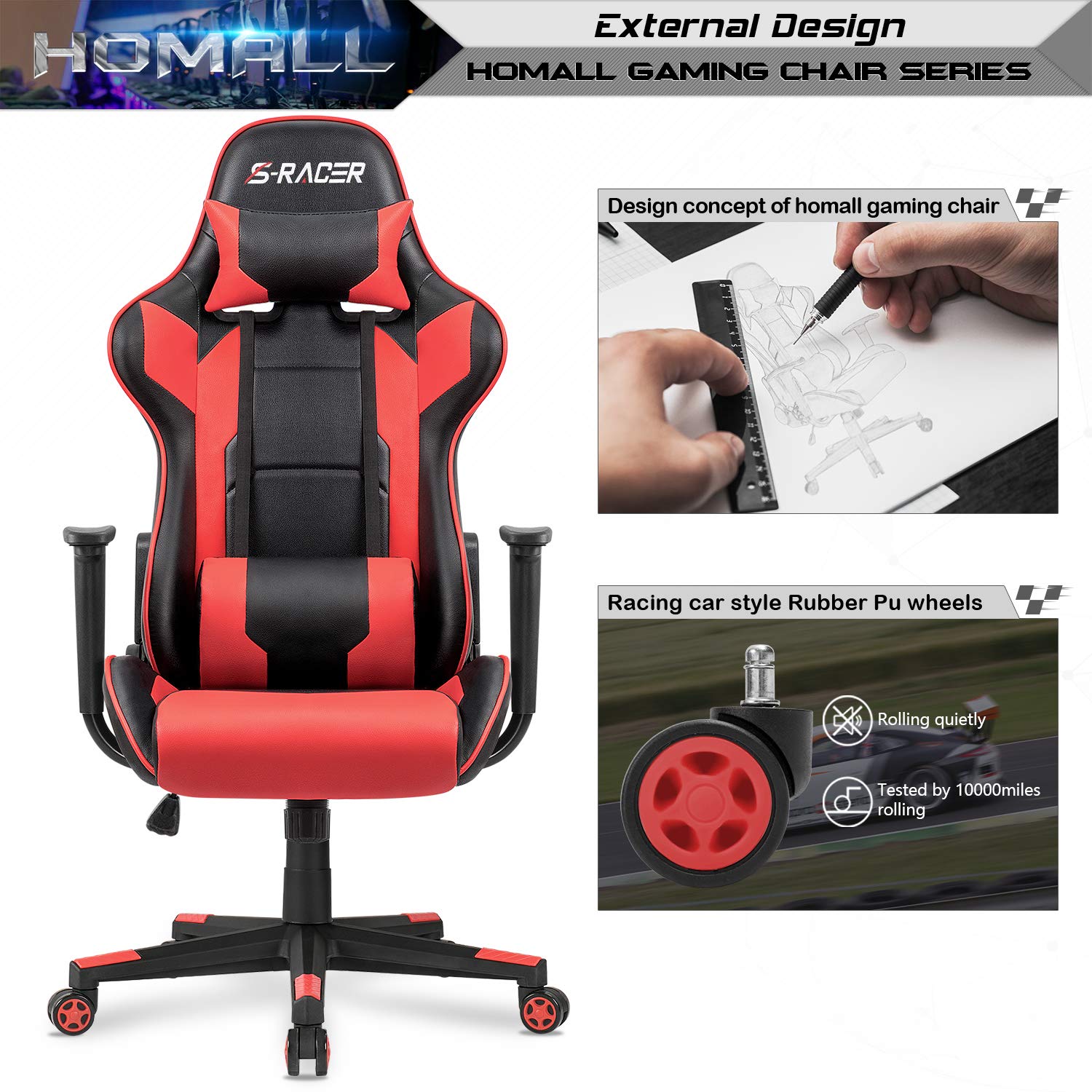 Homall Gaming Chair Office Chair High Back Computer Chair PU Leather Desk Chair Racing Executive Ergonomic Swivel Task Chair, Seat Height Adjustable, with Headrest and Lumbar Support (Blue)